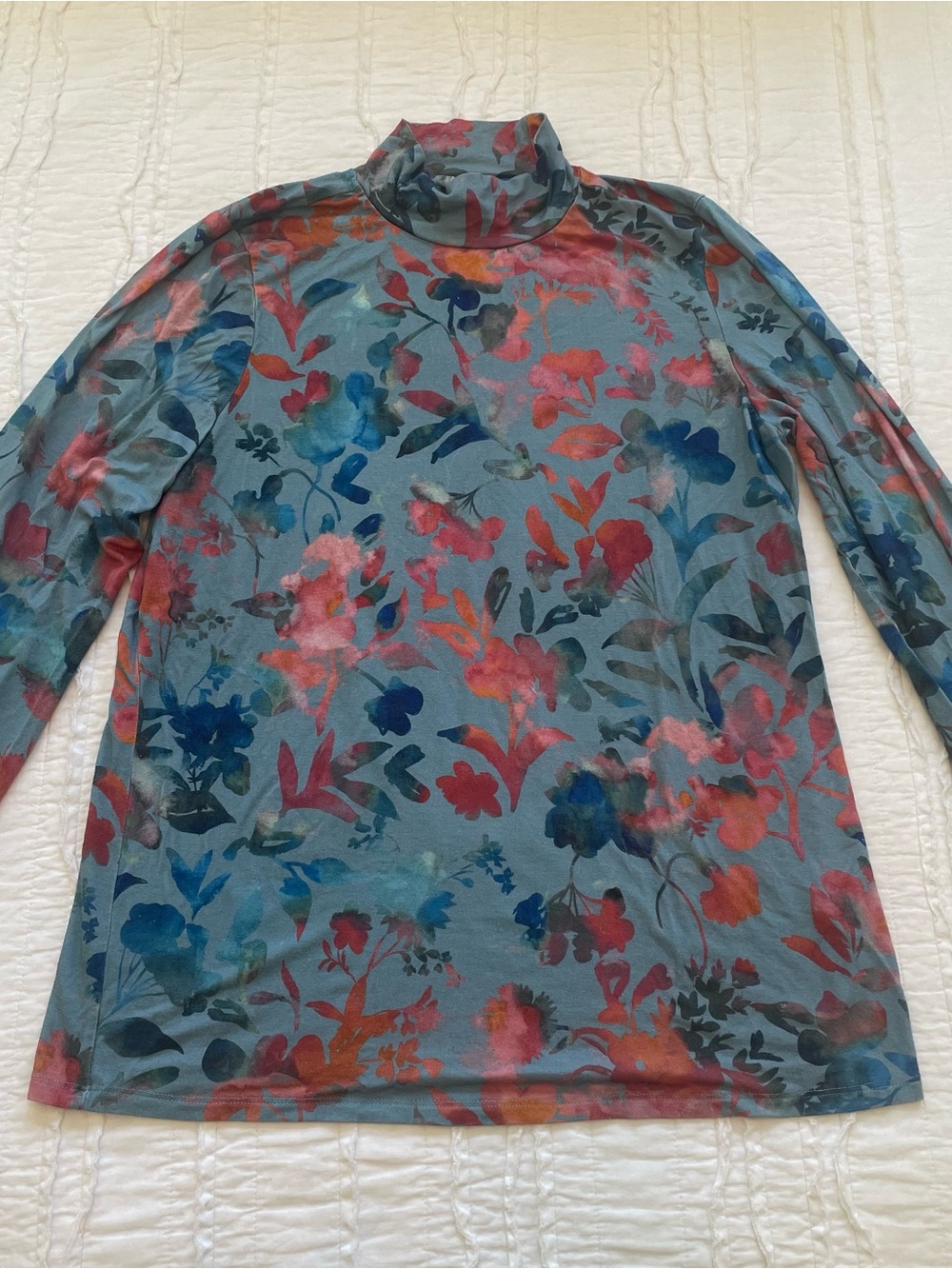 Floral Mock Neck Long Sleeve Stretchy Top - Powder Blue with Coral & Navy